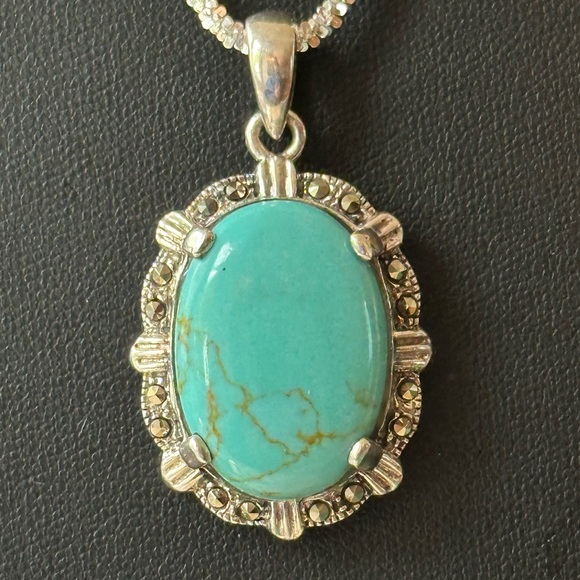 Turquoise marcasite beautiful sterling silver pendant - Picture 1 of 9